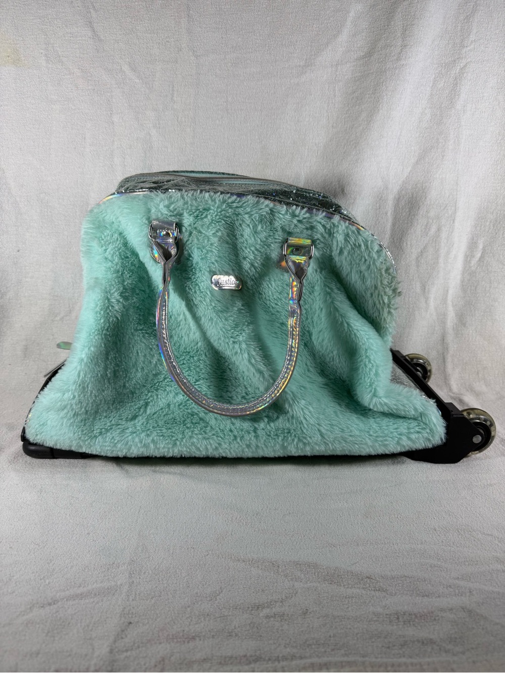 Justice Mint Faux Fur Travel Bag with Holographic Handles